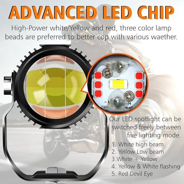 LED chip for motorcycle headlights with multiple lighting modes, high-power white/yellow and red, featuring advanced switchable LED spotlight for enhanced visibility and safety.