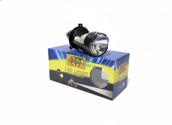 Bright LED motorcycle headlight bulb on Ride India Ride packaging, designed for enhanced visibility and safety for motorcycle riders in India.