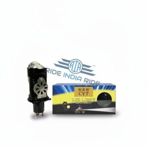 Bright LED motorcycle headlight bulb with packaging, designed for enhanced visibility and safety, featured in Ride India Ride promotional image.