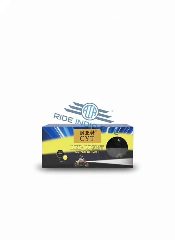 High brightness LED motorcycle light in blue and black packaging with "CYT" branding, perfect for enhancing motorcycle visibility and safety during rides in India.