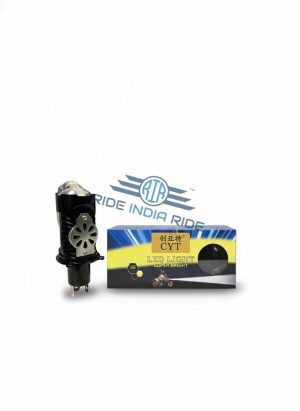 Bright LED motorcycle headlight bulb with packaging, designed for enhanced visibility and safety, featured in Ride India Ride promotional image.