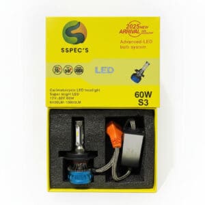 Bright yellow LED motorcycle headlight bulb kit in packaging with branding and specifications for advanced LED bulb system.
