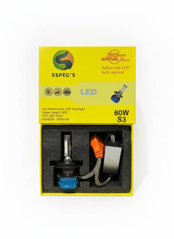 Bright yellow LED motorcycle headlight bulb kit in packaging with branding and specifications for advanced LED bulb system.