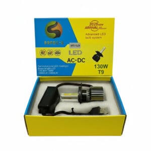 High-quality LED headlight bulb for motorcycle and car headlights, 130W T9 model, advanced LED bulb system for bright illumination, ideal for vehicle lighting upgrade, compatible with AC-DC systems.