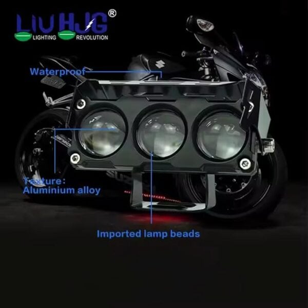 Luminous waterproof motorcycle LED headlight with imported lamp beads, aluminum alloy construction, ideal for bike lighting and riding safety.