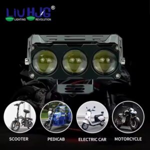 Lighting revolution, LED vehicle headlight for scooters, bikes, motorcycles, and electric cars, high-performance automotive lighting, Ride India Ride logo at the top of the image, showcasing diverse transportation with vibrant cool lighting solutions.