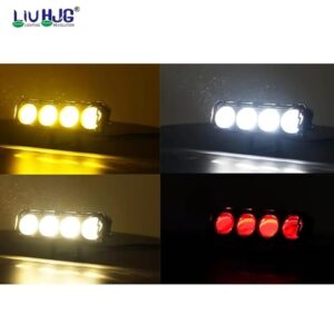 LED motorcycle auxiliary lights in yellow, white, and red colors for enhanced visibility during rides; perfect for bike safety and night riding.