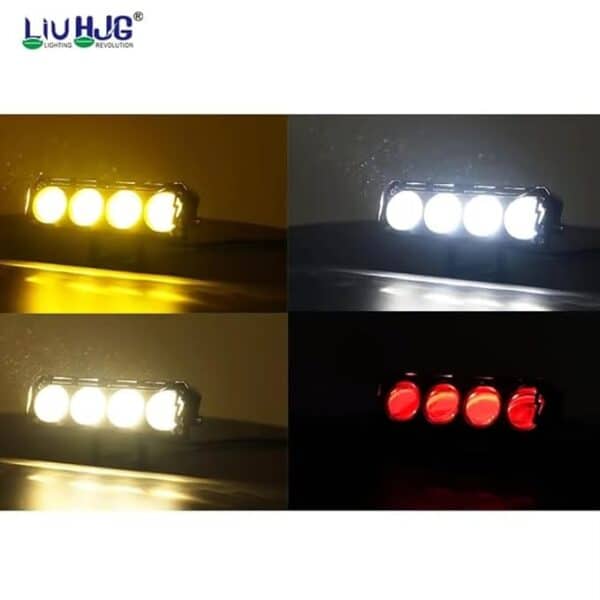 LED motorcycle auxiliary lights in yellow, white, and red colors for enhanced visibility during rides; perfect for bike safety and night riding.