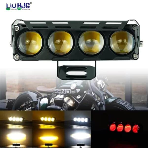 Bright LED motorcycle headlight with yellow and white illumination for enhanced visibility and safety on Indian roads for ride enthusiasts.