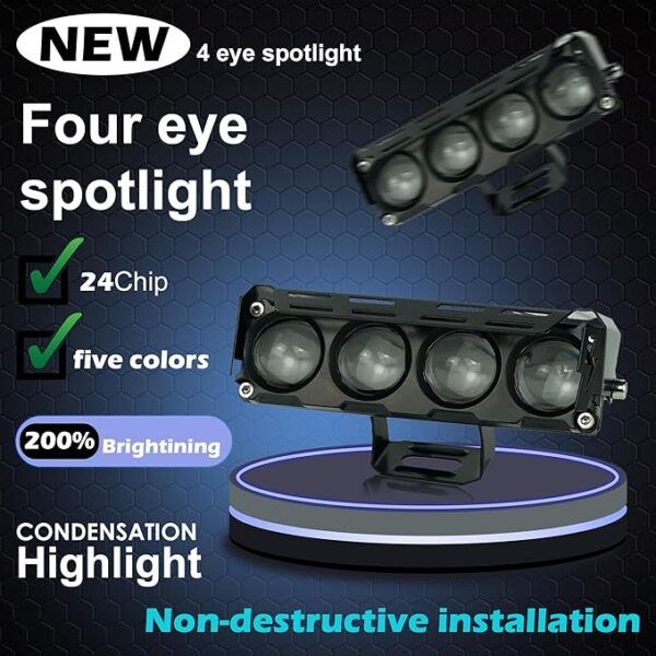 4 eye spotlight for motorcycle LED lighting, high brightness, five color options, 24-chip LEDs, non-destructive installation, ideal for biking safety and visibility. Durable, high-performance LED spotlight.