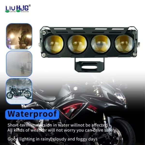 Waterproof motorcycle LED lighting system ideal for rain, fog, and cloudy days. Durable, waterproof, and safe for various weather conditions, perfect for motorcycle safety and visibility during night rides.