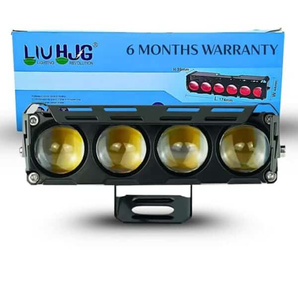 High-power LED work light bar with four yellow lenses, waterproof and durable construction for off-road vehicles, trucks, and outdoor adventures. Perfect for heavy-duty outdoor lighting needs.