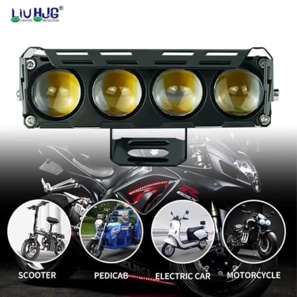 High-powered LED searchlight for motorcycle, scooter, electric bike, and e-rickshaw lighting, enhancing visibility and safety during rides, ideal for urban and off-road travel.