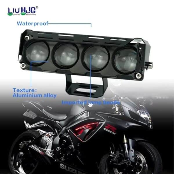 LED motorcycle headlight with waterproof aluminum alloy housing and imported lamp beads for enhanced visibility and durability during rides.