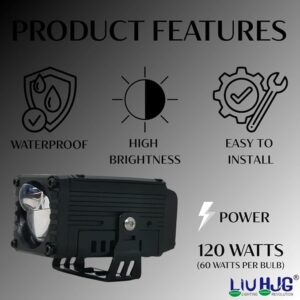 Waterproof motorcycle headlamp with high brightness, easy to install, 120 watts power, ideal for bike lighting, durable and reliable LED headlight for rides in India.