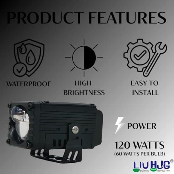 Waterproof motorcycle headlamp with high brightness, easy to install, 120 watts power, ideal for bike lighting, durable and reliable LED headlight for rides in India.
