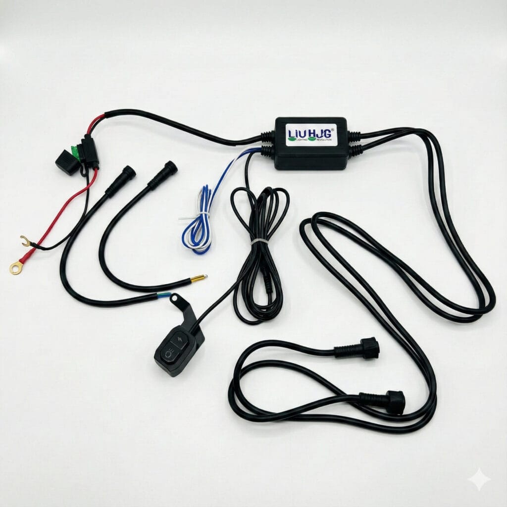 Electric bike controller kit with wiring harness, switch, and connectors for electric vehicle customization. Perfect for electric bike enthusiasts and DIY projects.